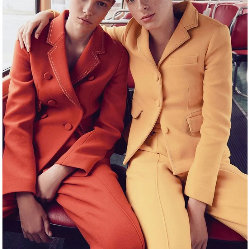 Merk 2019 Herfst Winter Vrouwen Britse Wollen Broek Sets OL Double Breasted Witte Lijn Blazer + Broek Oranje 2 Stuk set Y236 Merk 2019 Herfst Winter Vrouwen Britse Wollen Broek Sets OL Double Breasted Witte Lijn Blazer + Broek Oranje 2 Stuk set Y236