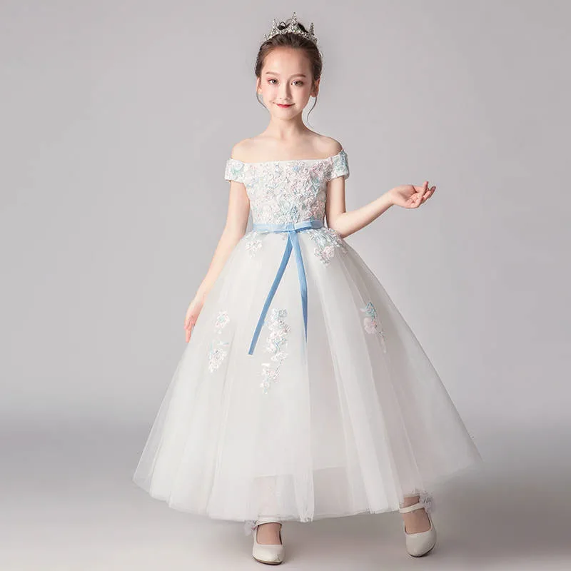 

2019 Children Girls Bow Dress Birthday Endearingly Piano Princess Costume Host Wedding Costume Children Communion Gown Dress D23