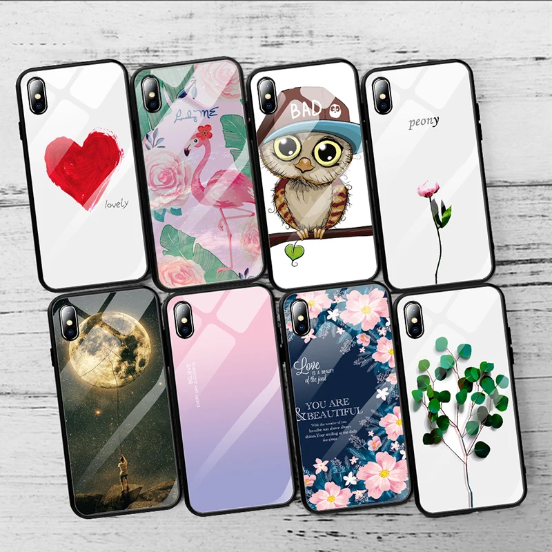 

Tempered Glass Case For iPhone XS Max XR X X 7 8 6 S 6S Plus Love Heart Moon Smart Pattern Cover TPU Bumper Painted Layer Cases