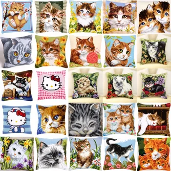 

TH Cat 01 DIY Needlework Kit Acrylic Yarn Embroidery Pillow Tapestry Canvas Cushion Front Cross Stitch Pillowcase