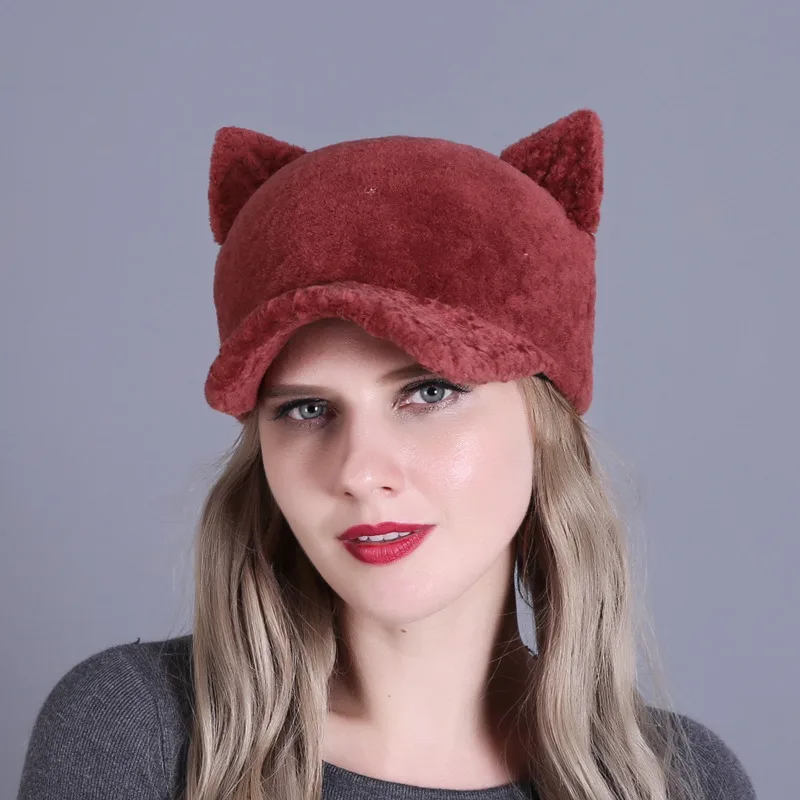 Женская шапка из натуральной шерсти, милая шапка с кошачьими ушками, толстая зимняя шапка, женская модная меховая шапка Duckton - Цвет: color11
