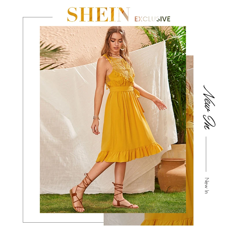 SHEIN желтое кружевное платье с рюшами и поясом, летнее платье миди в стиле бохо, женское платье без рукавов с высокой талией, женские платья с бахромой