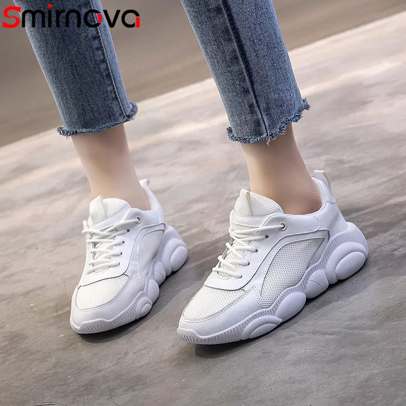 

Smirnova 2019 new sneakers shoes women round toe lace up mesh flat platform shoes Ventilation casual women flats shoes