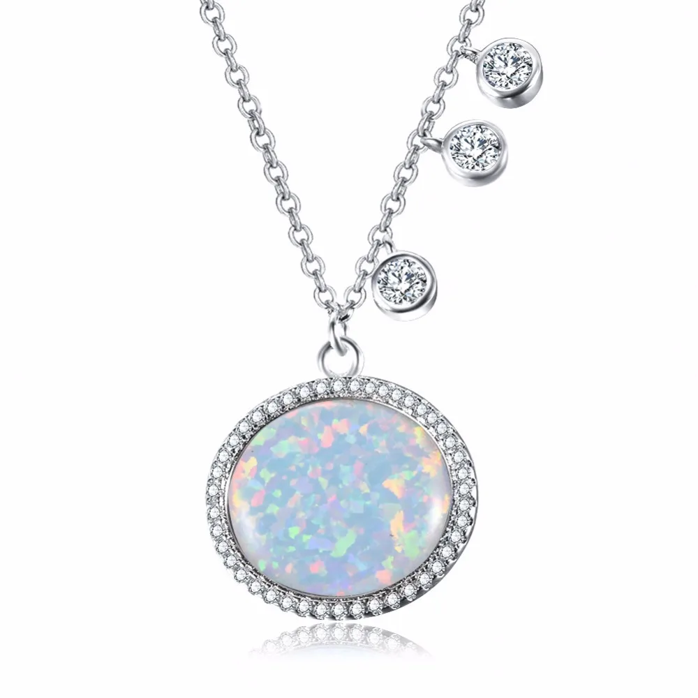 

Fashion Full Crystal Necklaces 925 Sterling Silver White/Blue Fire Opal Round Women Pendants Necklaces