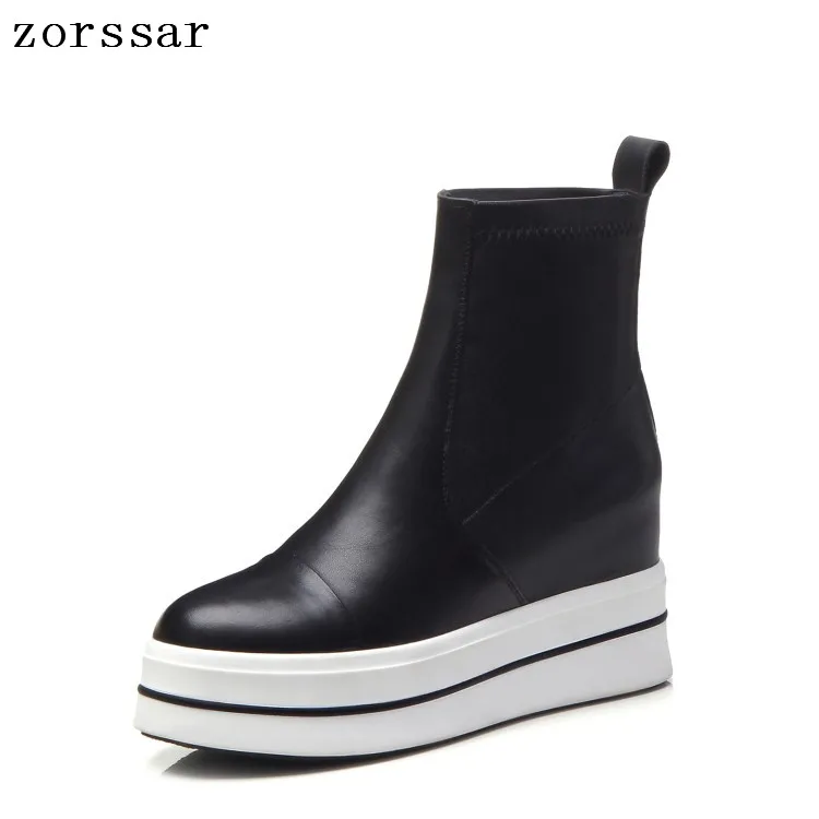D'hiver Hauteur Chaussons Bottes Véritable Mode Cheville forme {zorssar} Croissante Femme Cuir Courtes Plate Wedge Femmes En Talons Noir aPawfC0q