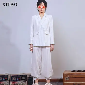 

XITAO Two Piece Set Cardigans Pocket Striped Waist Turn Down Collar Top Women Korea Fashion New Pants 2019 Autumn WLD2072