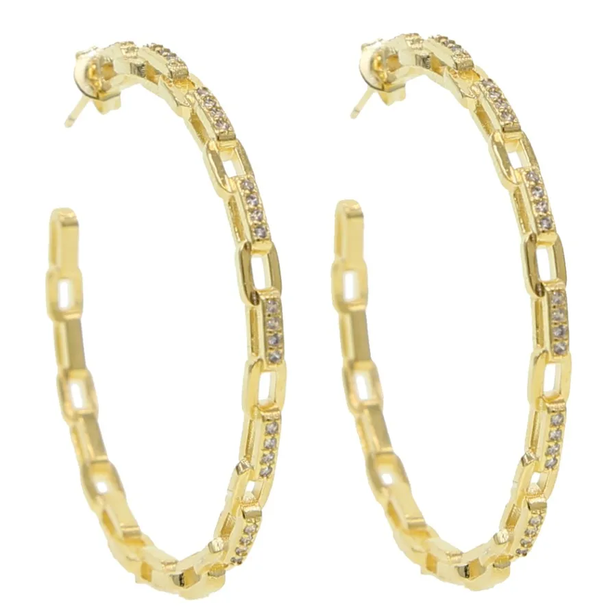 iced out cz open link chain hoop earring Gold silver color Rock punk hip hop women jewelry - Окраска металла: Золотой цвет