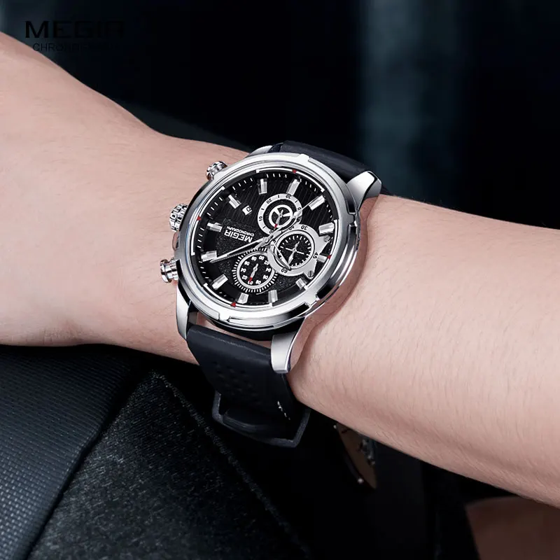 Preise MEGIR Armee Sport Quarz Uhren Männer Chronograph Silikon Strap Armbanduhr Luxus Top Marke Relogios Mascuoino Uhr 2101 Silber