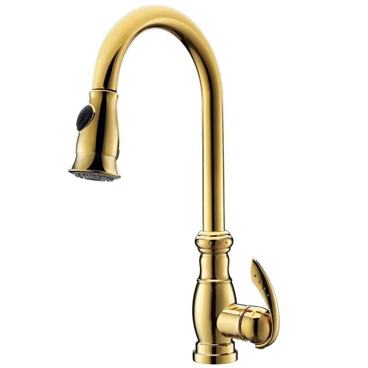 Kitchen Faucets Brass Polished Gold Basin Faucet Pull Out Single Handle Single Hole Sink Crane