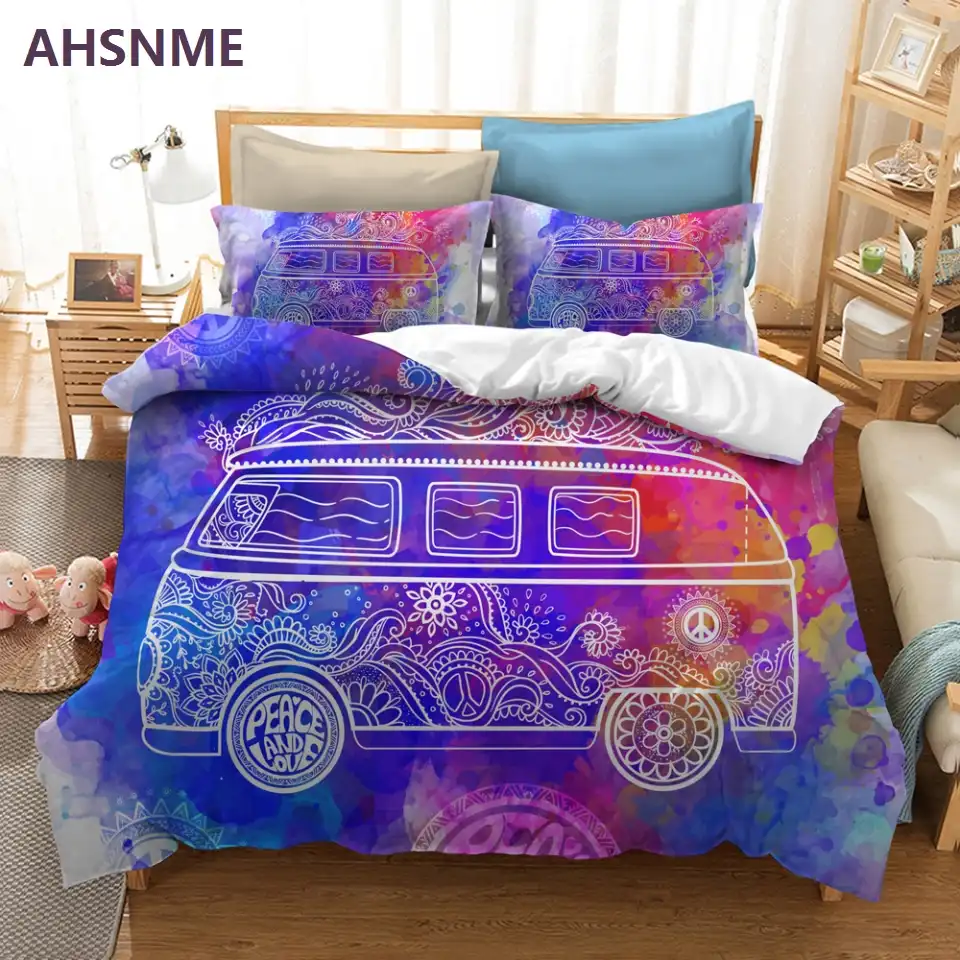 Ahsnme Watercolor Camper Car Bedding Set Peace Sign Printed Duvet