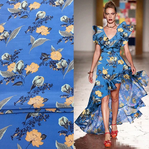 

Beautiful floral print on blue background silk Crepe DE chine fabric,SCDC942