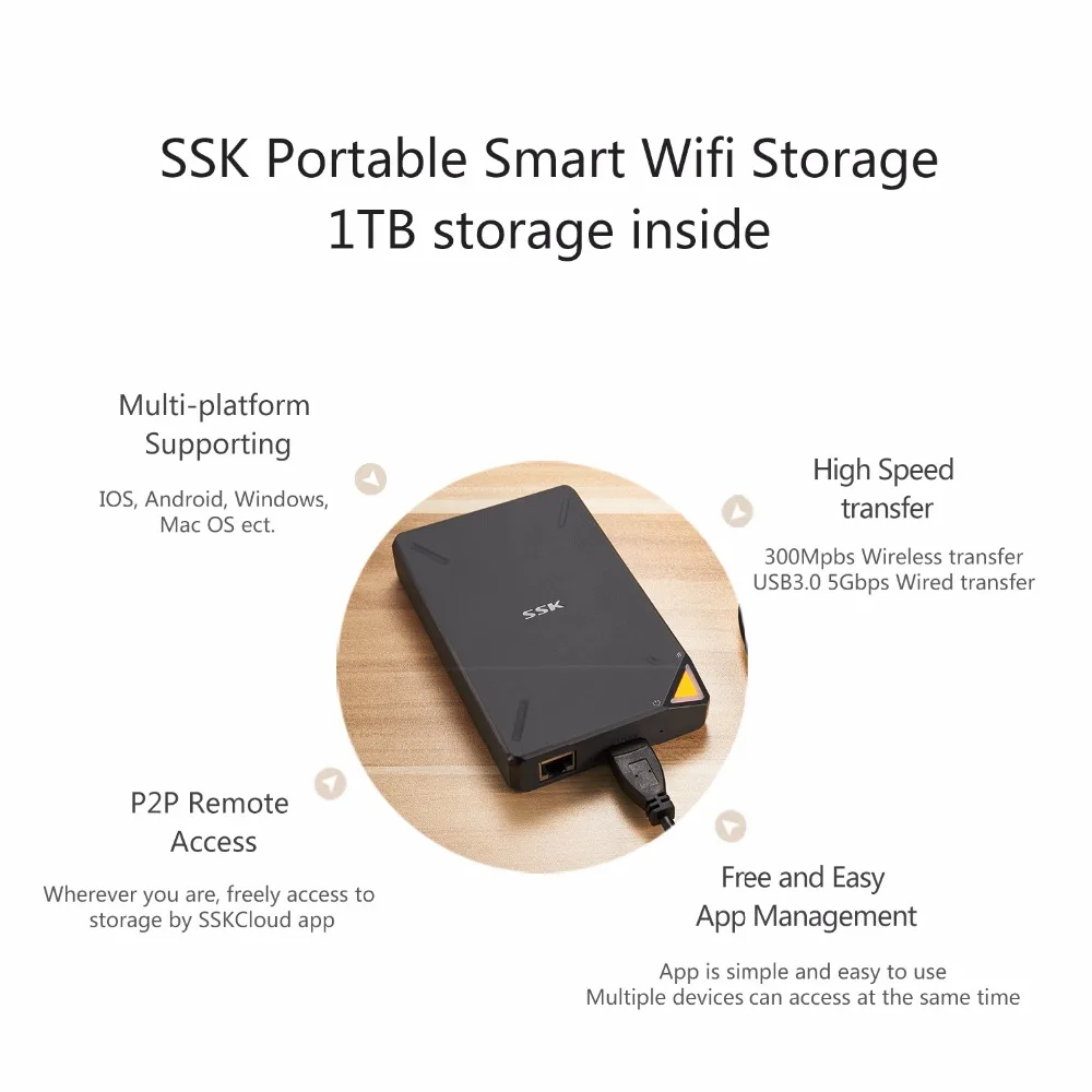 SSK Portable Wireless External Hard Drive Smart Hard Disk 1TB Cloud Storage WiFi Remote Access HDD Case for Tablet Laptop USB
