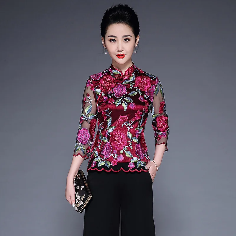 

Plus Size Womens Tops And Blouses 2019 Spring New Middle And Old Aged Improved Cheongsam Tang Suit Embroidered Mother Tops L-4XL