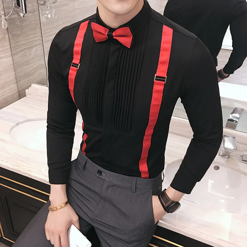 Мужская плиссированная рубашка с длинным рукавом мужской галстук-бабочка рубашка-смокинг модная полосатая тонкая рубаха мужские свадебные вечерние мужские рубашки 5XL