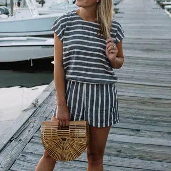 

Striped Playsuit Women 2019 Summer Short Jumpsuit Beach Ladies Romper Playsuit Female Loose Backless Playsuits for Women