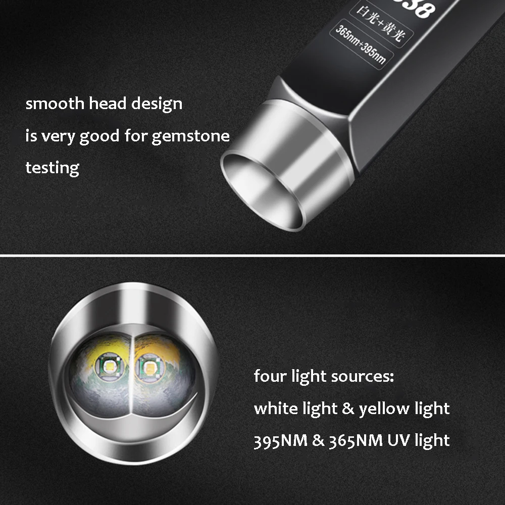 Белый желтый черный УФ-лампы идентификация нефрита светодиодный фонарик четыре светодиода USB перезаряжаемые драгоценные камни ювелирные изделия светодиодный фонарик лампе