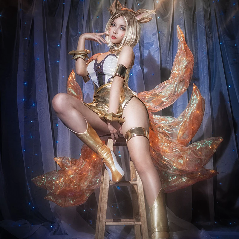 

Anime! Game LOL KDA K/DA Girl Team Ahri Golden Battle Suit Sexy Dress Uniform Cosplay Costume For Women Halloween Free Shipping