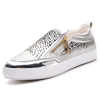 

New Style Women Flats Fashion Round Toe Gold Zip Small Rivets Design Flat Heel Women Casual Single Shoes Silver Plus Size 26-61