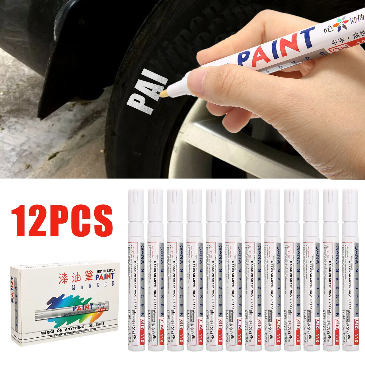 12Pcs Oil Car Tyre Tire Tread Marker Pen DIY Album Metal Rubber Writing White Waterproof Permanent Paint Marker Graffiti Pens