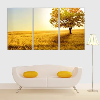 

New Modern Oil Painting Yellow Tree Art Printed Sunset Painting on Canvas Wall Poster and Print Home Decoration No Frame 3 Pcs