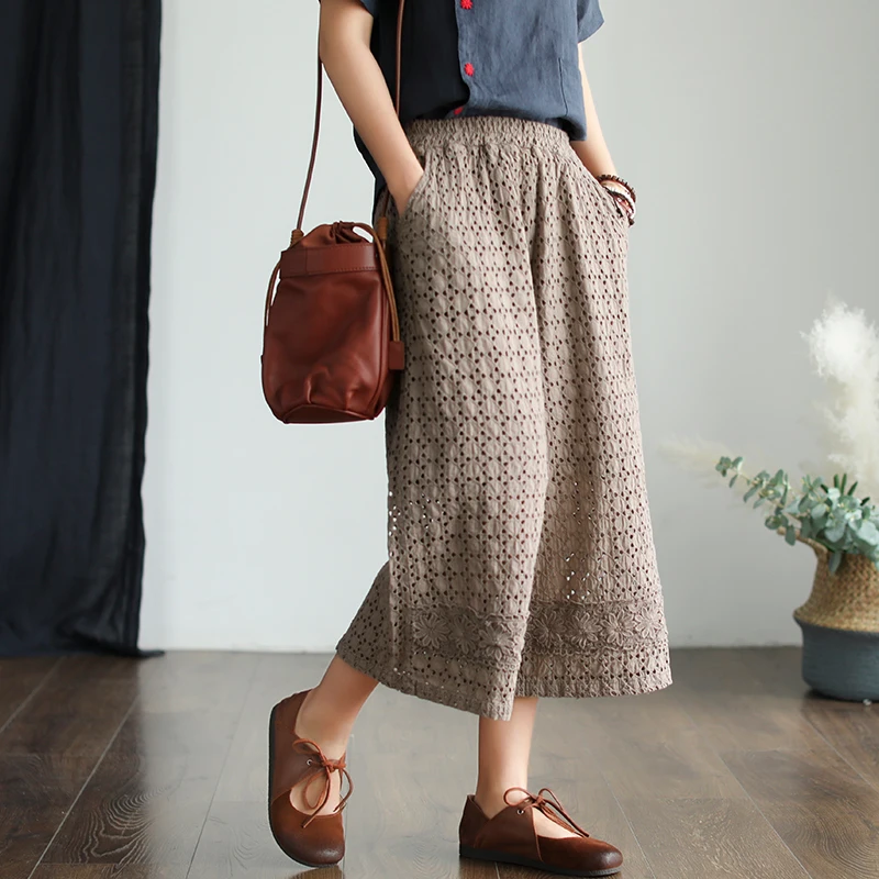 

Summer Pants Women Fashion Loose Casual Trousers New Elastic Waist pocket Embroidery Hollow out Mori girl Brief Pants 2019