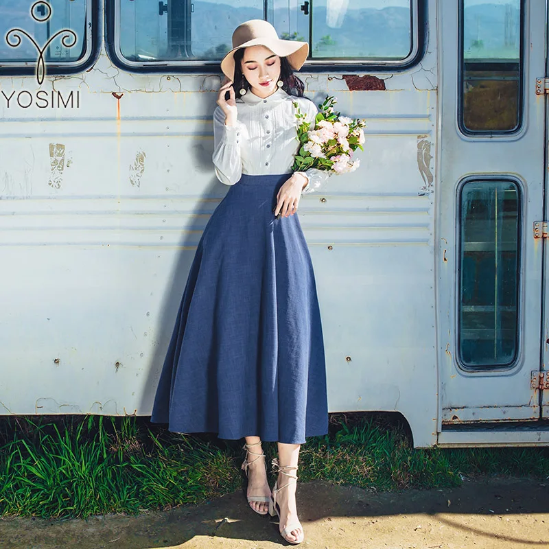 

YOSIMI 2018 Autumn Winter Vintage Cotton Long Women Dress Full Sleeve Female Vestidos Fake Two-piece Suit Set Blue Dress Slim