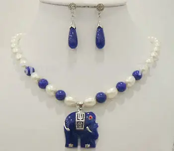 

Women's gift Jewelry word Natural Fine white Akoya Cultured pearl & blue gem elephant pendant necklace earrings USA