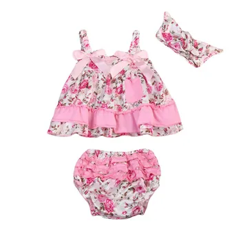 

3Pcs Infant Baby Girls Summer Clothes Set Floral Ruffles Bowknot Tops Blouse Romper Shorts Headband Outfit Clothing Sets 0-2Y