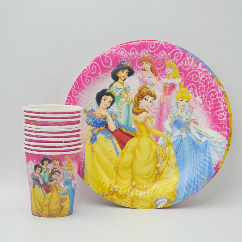 

20pcs/set Ariel/Snow white/Belle/Cinderella/Jasmine/Aurora Plate/Cup Girls Birthday Decoration Cartoon Theme Party Favors Kid