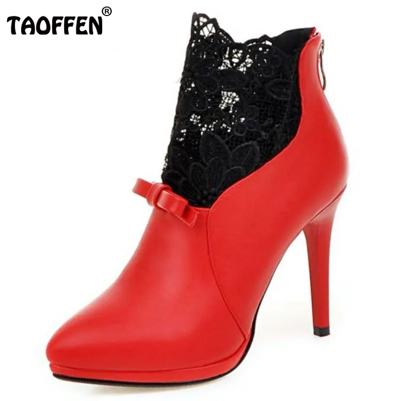 

TAOFFEN Women Sexy Warm Boots Lace Patchwork Bowknot Winner Shoes Women Snow Solid Zipper Bppts Daily Office Footwear Size 33-42