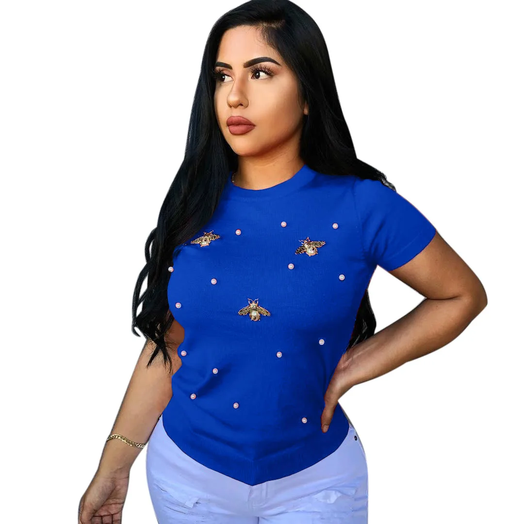 Женская Классическая футболка с коротким рукавом, жемчугом, бусинами и бабочками, женская летняя футболка с круглым вырезом, Повседневная футболка размера плюс - Цвет: Синий