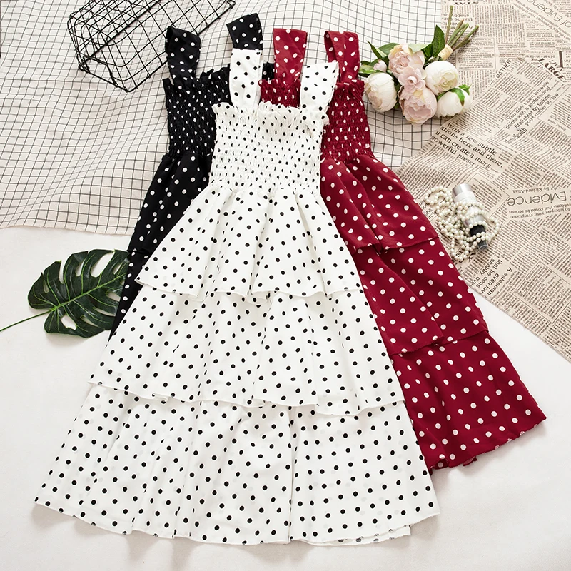 

SKOONHEID Women Dot Ruched Strap Dress Vintage bohemian tiered midi cami chiffon sundress summer plus size long sleevelessdress