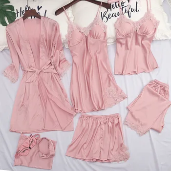 

Womens 7PC Strap Top Pants Suit Pajamas Sleepwear Sets Spring Autumn Home Wear Nightwear Kimono Robe Bath Gown M-XL