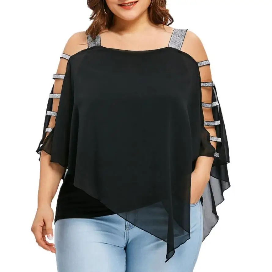 

Plus Size 4XL Summer Womens Tops and Blouses Chiffon Tunic Hollow Out Asymmetric Shirts Loose Casual Half Sleeve Women Clothes