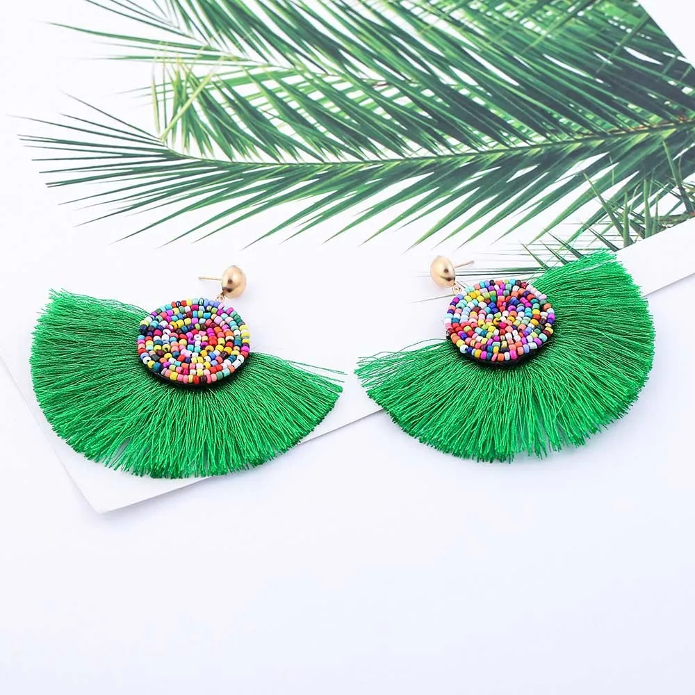 E5754 Trendy Drop Earrings WomenLongBohemianBeadsBeadsBlueSilkBalckDangleMetalBohoGold Tassel Earrings 2018 Jewelry