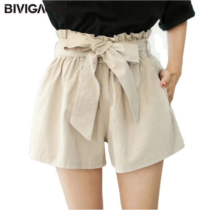 BIVIGAOS 2017 di Estate Nuove Donne Del Cotone Pantaloncini di Lino Cintura  Con Fiocco Gamba larga Breve Allentato Casuale Breve Tratto Pantaloncini A  Vita Alta donne|waist shorts|high waist shortshigh waist shorts women -