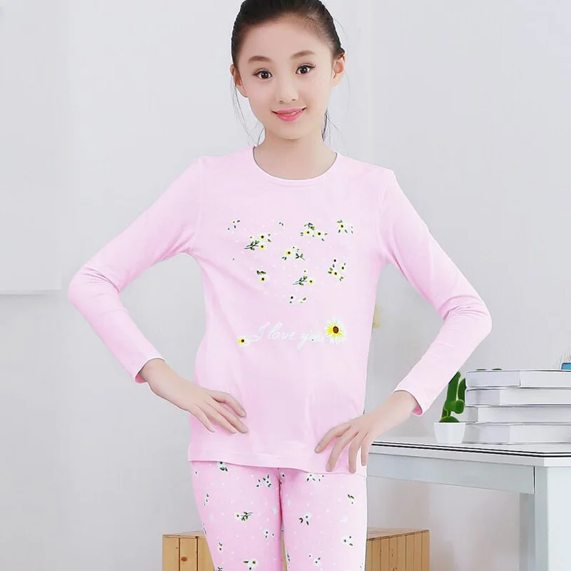 

New kids Cotton Long Johns suit girls underwear Big Children Pajamas Set 2pcs Long Sleeve Sleepwear Sets Growing Girls Pyjamas