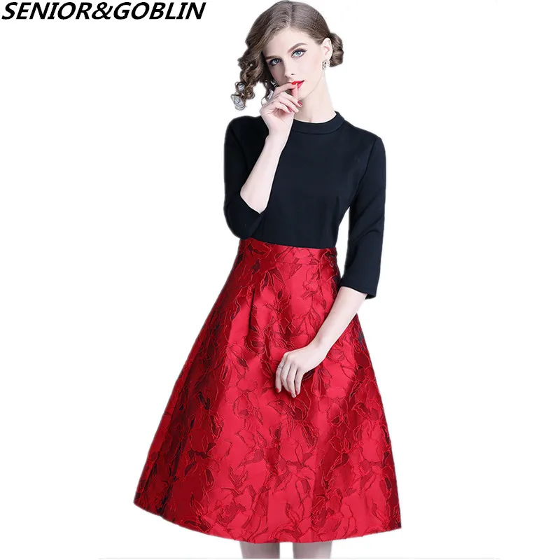 

2019 Newest Fashion Spring Runway Party Dress Women Black Red Patchwork Floral Jacquard Dress Robe Femme Vintage Dress Vestidos
