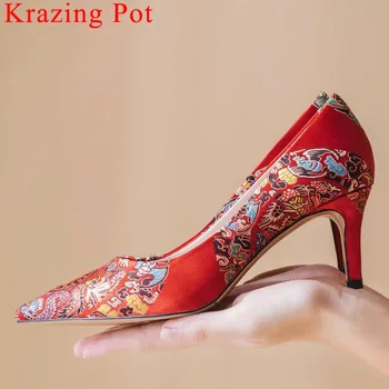 

Chinese style oriental embroidery stiletto high heels slip on bride wedding pumps retro design silk pointed toe oxford pumps L34