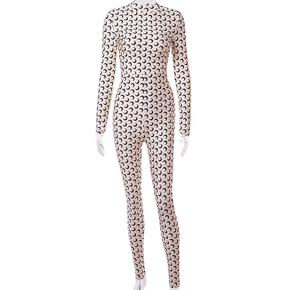 

Casual Women Moon Print Jumpsuit Round Neck Long Sleeve One-piece Slim Romper