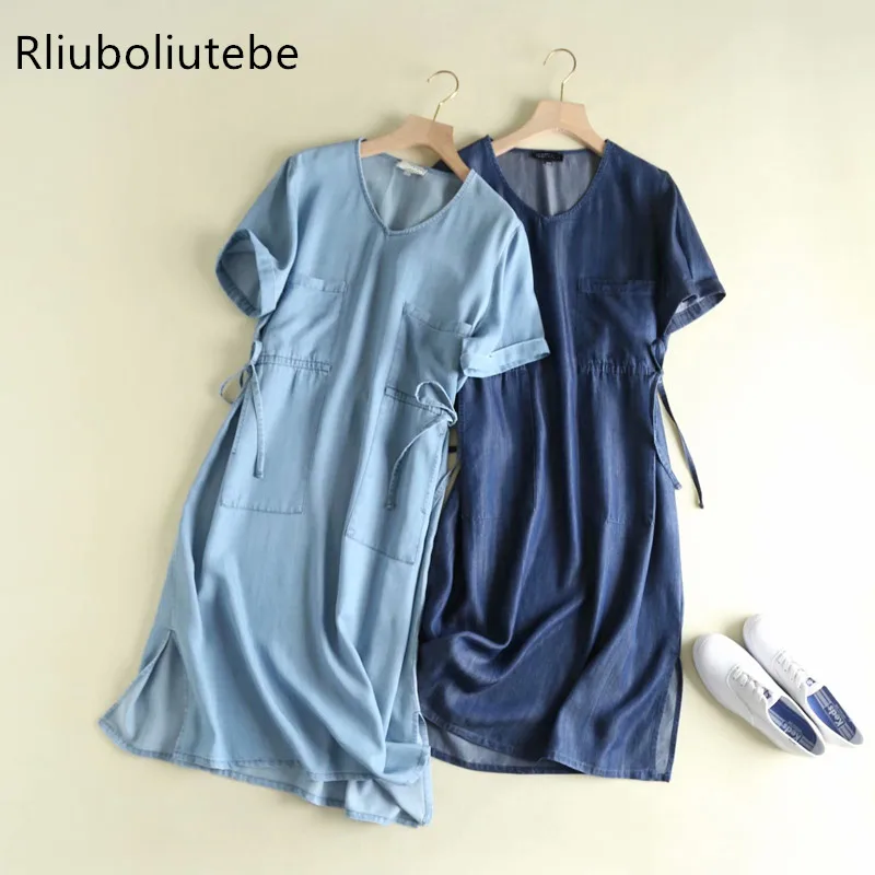 

summer soft denim dress tied waist short sleeves v neck pockets casual light blue solid midi Jeans dresses vestido mujer holiday