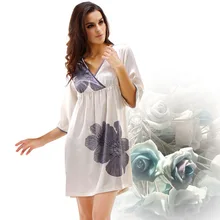 Free Shipping 2016Ms. Emulation Silk Sleepshirts Leisurewear V-Neck Printing Nightgown With Short Sleeves