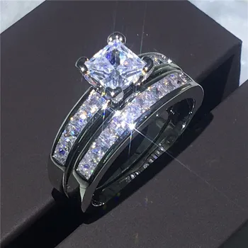 

Sparkling Engagement Wedding Band Rings for women men Princess cut AAAAA zircon cz White Gold Filled Bridal ring sets Jewelry