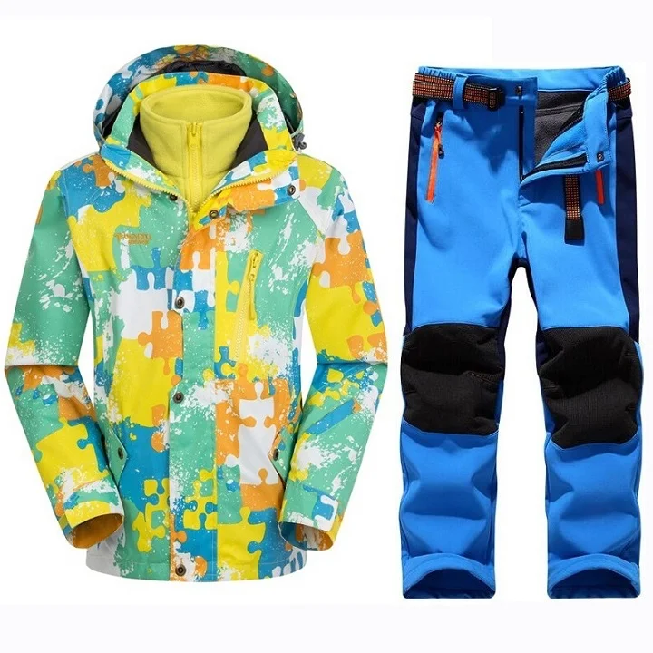Зимняя теплая водонепроницаемая одежда для маленьких мальчиков и девочек; комплекты одежды для альпинизма; Детское пальто и штаны; Верхняя одежда для детей; Детские комплекты; От 5 до 14 лет - Цвет: Green Blue