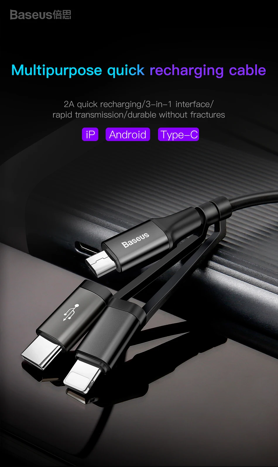 Baseus 3 в 1 USB кабель для iPhone Micro usb type C кабель зарядного устройства для iPhone Xs Max X 8 7 samsung Oneplus Android Кабели для телефонов