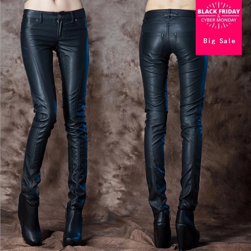 

S- 2XL Plus Size female trousers high waist slim motorcycle tight-fitting PU leather Pants black women's leather pants w1862