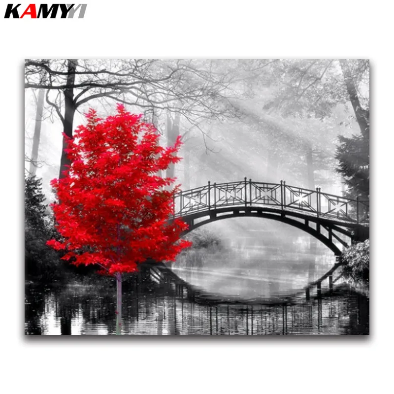 Полная квадратная Алмазная вышивка крестиком красное кленовое дерево полная круглая Алмазная мозаика черный мост DIY Алмазная вышивка пейзаж