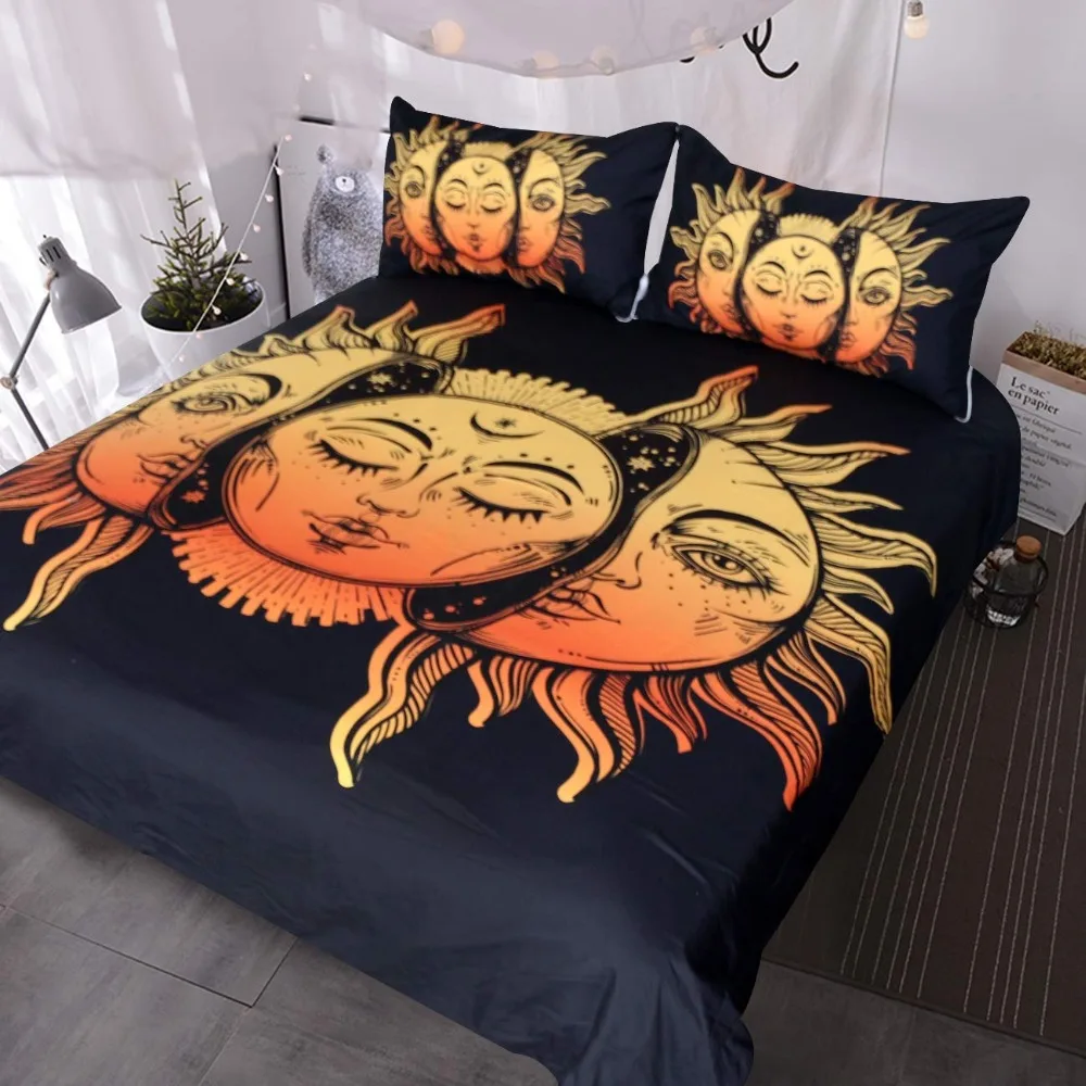 Celestial Bedding Black Yellow Crescent Moon Bedclothes 3 Piece