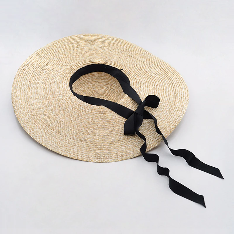 Wide Brim Hat Summer Beach Wheat Straw Women Boater hat with Ribbon Tie For Vacation Holiday Audrey Hepburn 671073