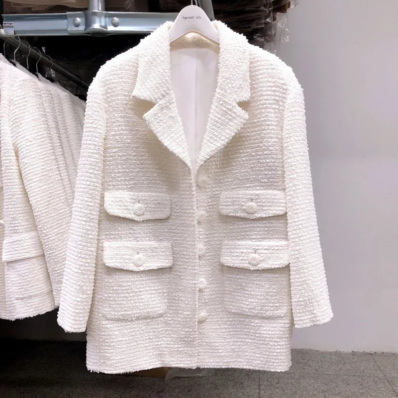 

LANMREM 2019 New Fashion Spring And Autumn Solid Color Turn-down Collar Suit Jacket Single Breasted Pearl Women Small Suit TC022